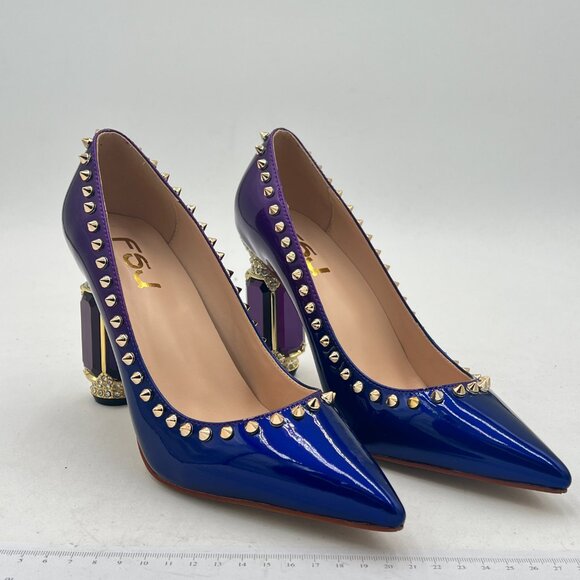 FSJ purple Rivets Bridal Pointed Toe Chunky High Heel Crystal Pumps Dress Shoes - Picture 4 of 8
